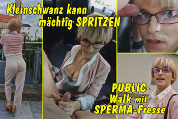 FULL CLIP! Kleinschwanz spritzt ganz schön viel! Public Walk mit Sperma-Fresse!